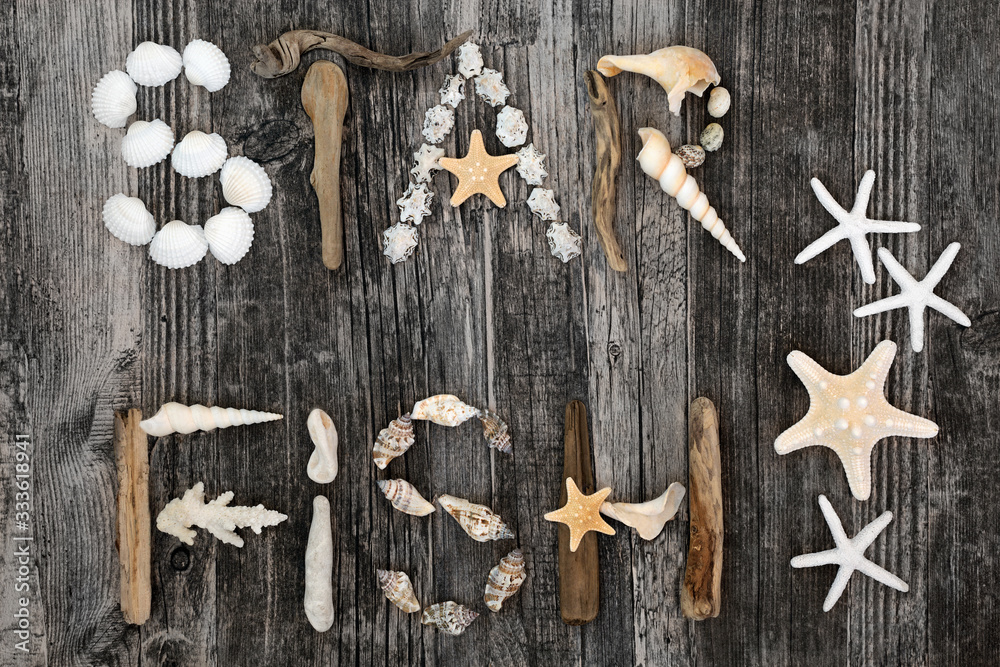 Seashell, driftwood and pebble abstract forming the word starfish on rustic wood background. Top view, flat lay.