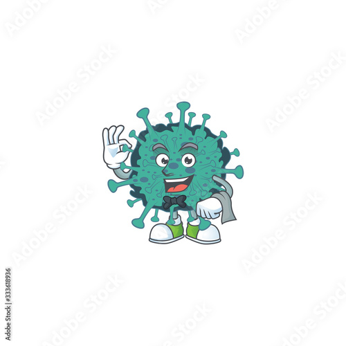 A character of critical coronavirus waiter working in the restaurant