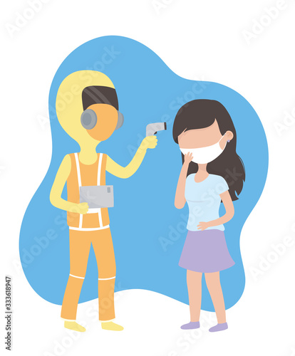 covid 19 coronavirus pandemic, doctor checking temperature a woman patient