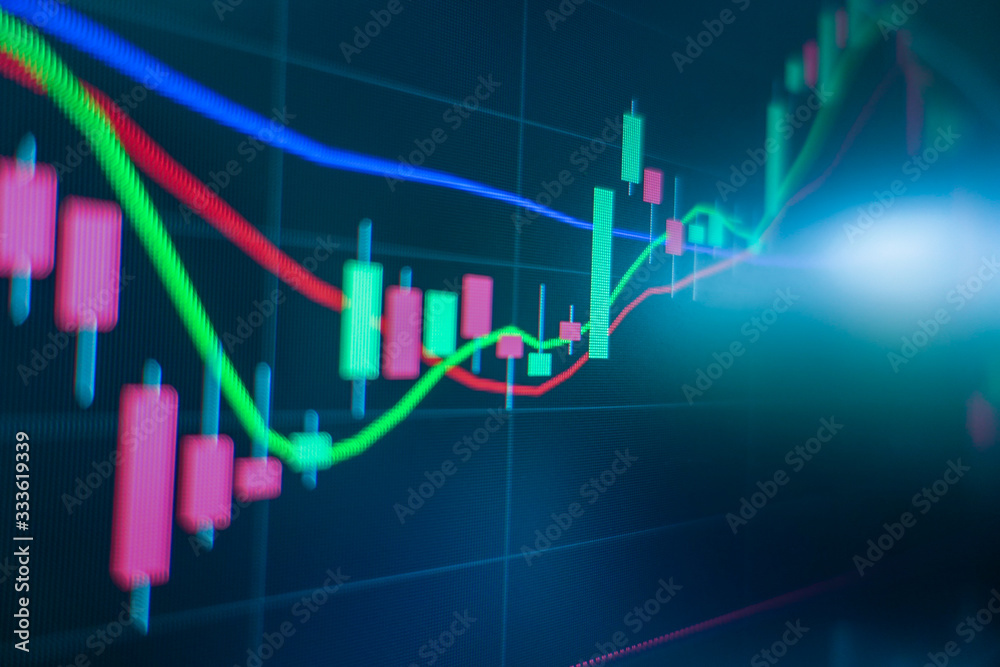 Stock market trading graph and candlestick chart on screen monitor for financial investment and economic concept.