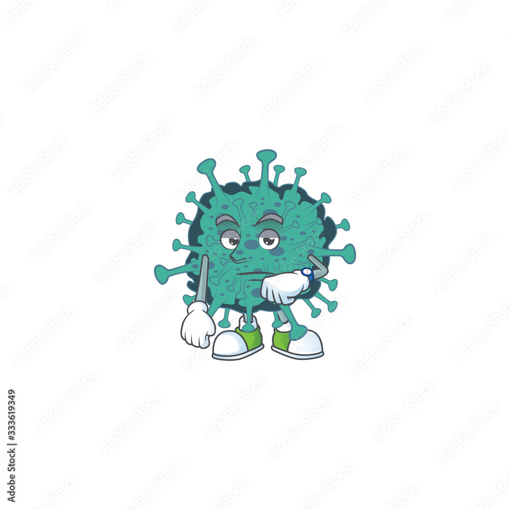 Fototapeta premium A cartoon icon of critical coronavirus with waiting gesture