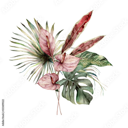 Watercolor tropic bouquet with anthurium and palm leaves. Hand painted card with flowers isolated on white background. Floral illustration for design, print, background. Template for holiday.