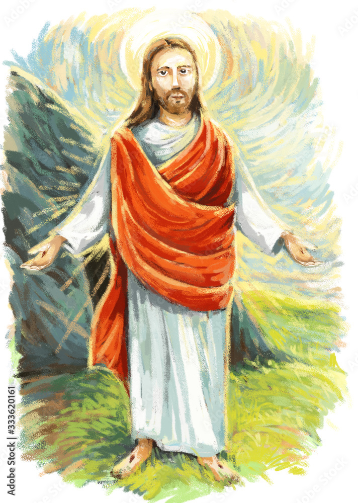 Fototapeta premium calm jesus messiah raising palm of hand in the background - illustration