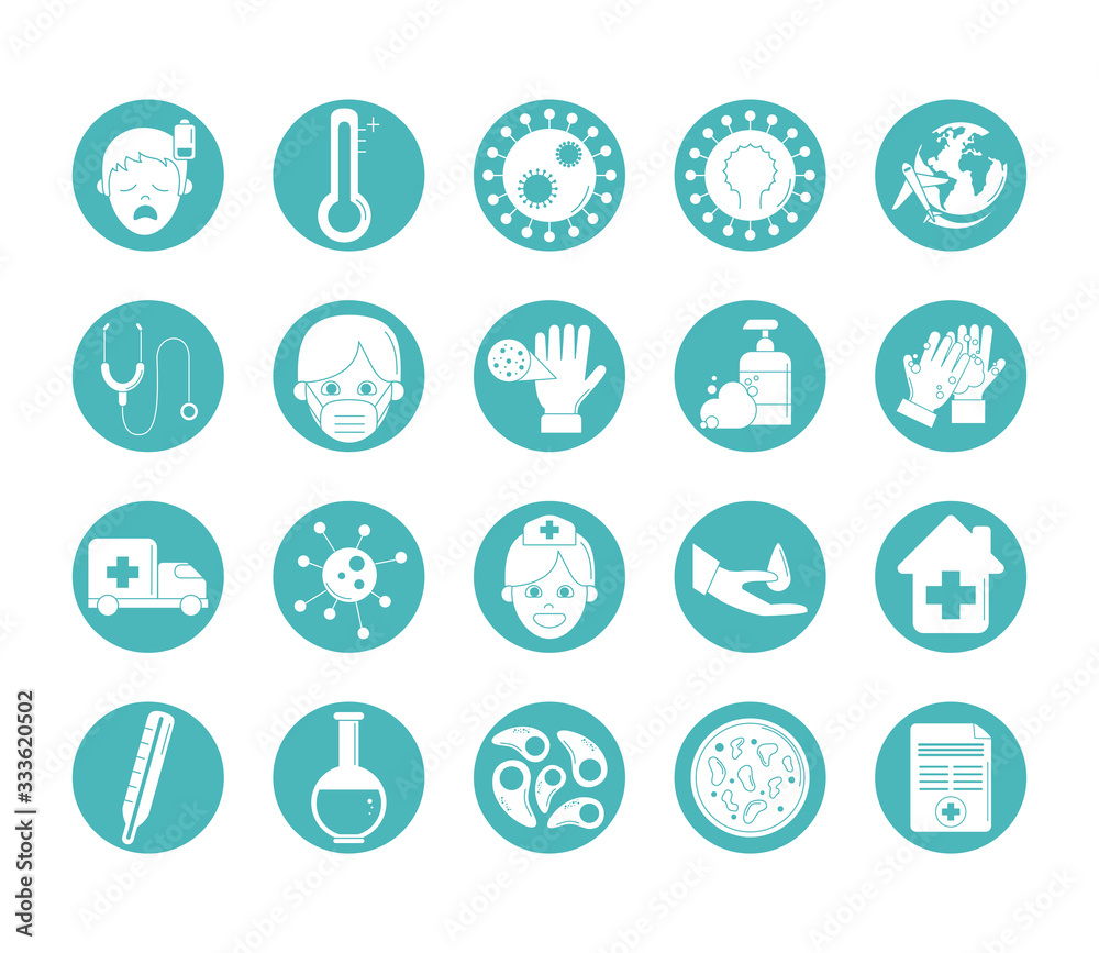 virus covid 19 pandemic respiratory illness icons set line style