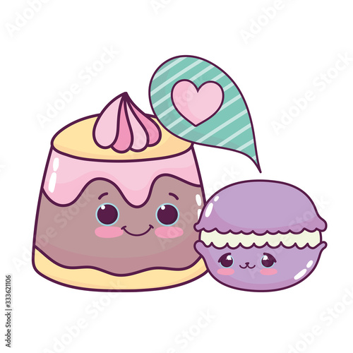cute food jelly cream and macaroon sweet dessert pastry cartoon isolated design
