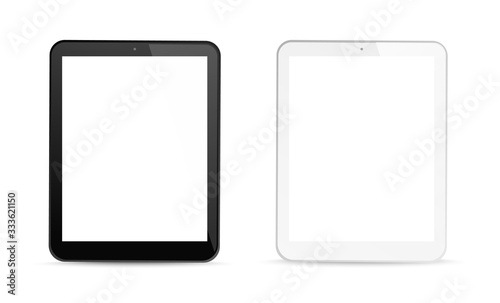 Tablet computer gadgets. White blank screen display. Realistic black digital device mockup. Equipment vector concept on transparent background