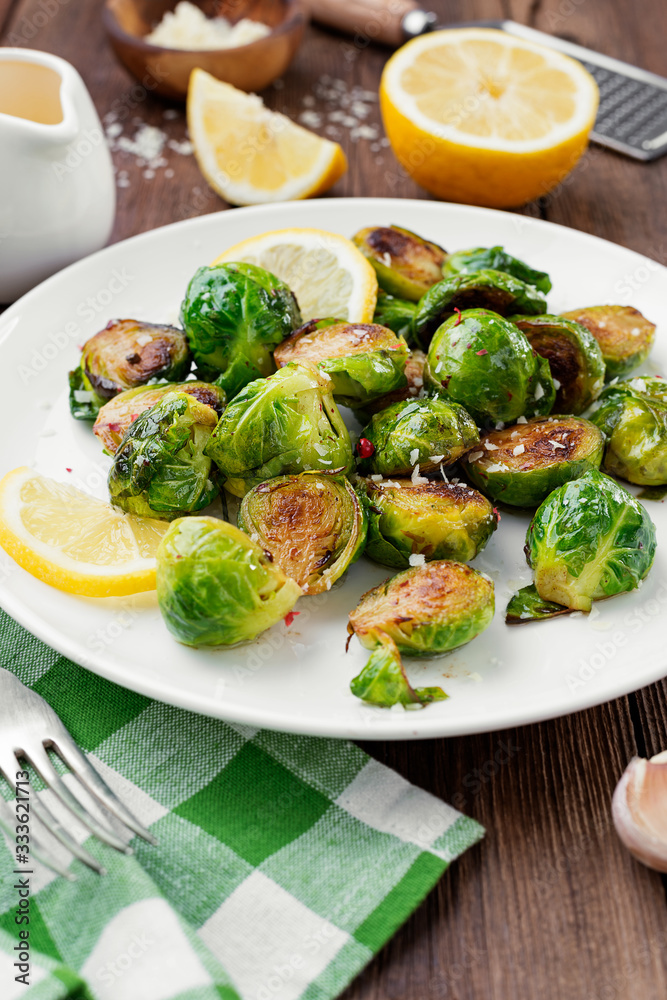 Homemade roasted brussel sprouts with parmesan cheese and butter sauce