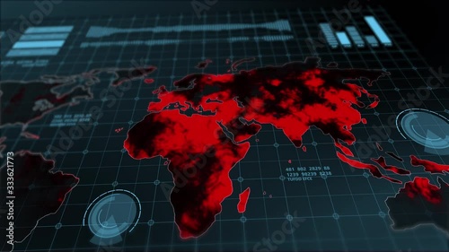 World map crisis virus spread pandemic warning sci-fi HUD UI user interface futuristic laboratory monitor background 3D COVID Corona virus infected counting number warning alert sign hazard concept photo
