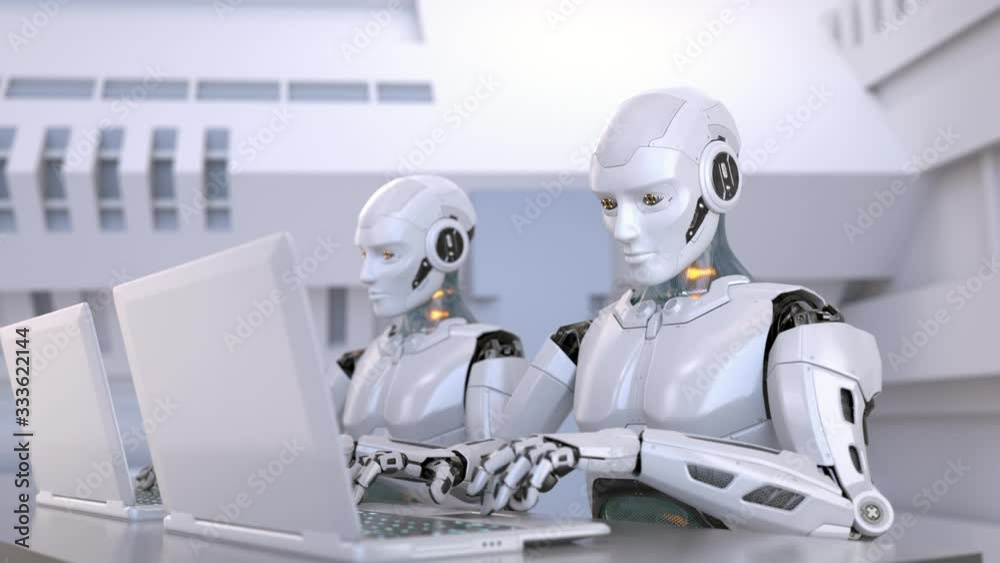 Two robots using laptop studying online or working distantly