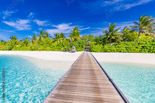Beautiful tropical Maldives island with beach, sea and coconut palm tree with long jetty under blue sky for nature holiday vacation background concept