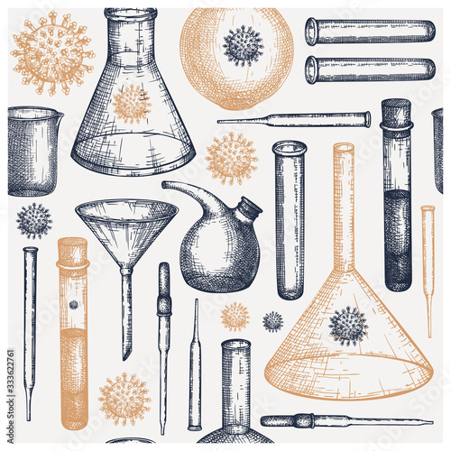 Corona Virus seamless pattern with laboratory and drawn Coronavirus COVID-19 background. Medicine lab testing equipment backdrop. Vector glass, beaker, flask, pipette, funnel for science experiments.