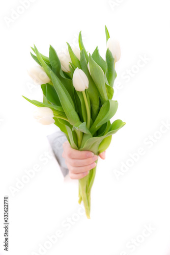 Hand of the woman is holding bouquet of tulips inserted through a hole in torn white paper. Copy space.