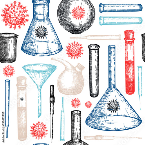 Corona Virus seamless pattern with laboratory and drawn Coronavirus COVID-19 background. Medicine lab testing equipment backdrop. Vector glass, beaker, flask, pipette, funnel for science experiments.