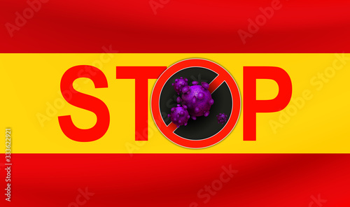 Design with Spain flag silhouette, stop text and abstract coronavirus element silhouette. Asian flu symbol. Prevention of viral infections.