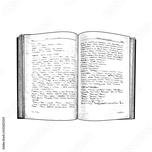 .An open book.  Hand-drawn vector drawing in vintage style. Sketch. Imitation of engraving.
