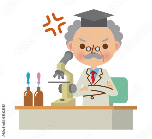 顕微鏡と怒った表情の博士・学者