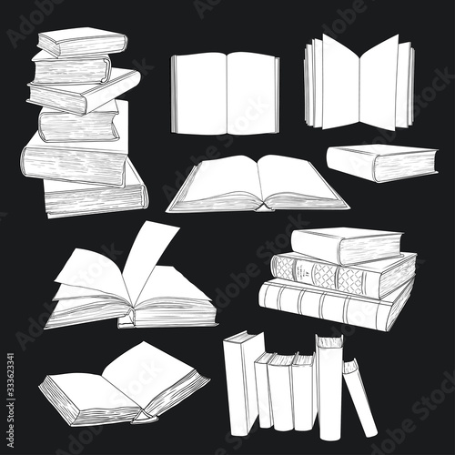 .A set of various books. Linear vector drawing of books. Isolated elements in sketch style.  Hand-drawn vector illustration.