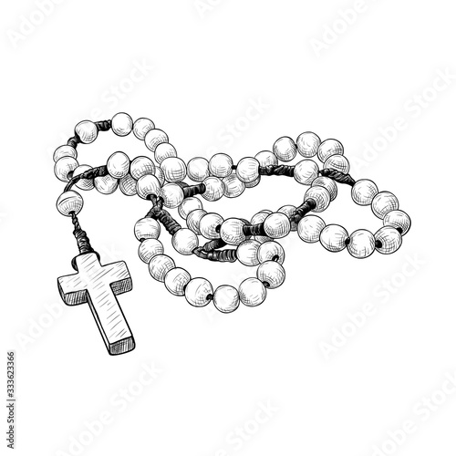 Stampa su tela .Prayer beads. Hand-drawn vintage drawing of the rosary. Catholic tradition.Vect