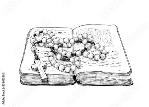 .Rosary and the old prayer book. Hand-drawn vintage drawing . Catholic tradition. Vector sketch. Isolated object on white background.