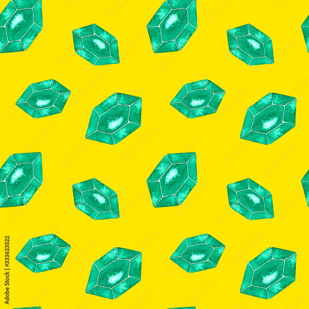 Naklejka premium Seamless watercolor pattern green crystals on yellow background