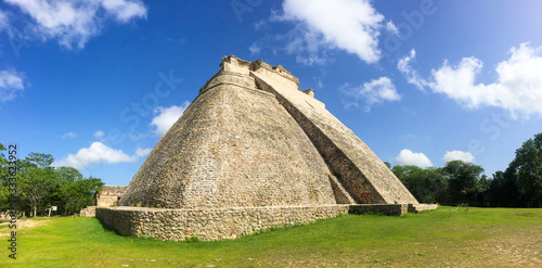 Ground view of the Pyramid of the Magician in Uxmal, Mexico