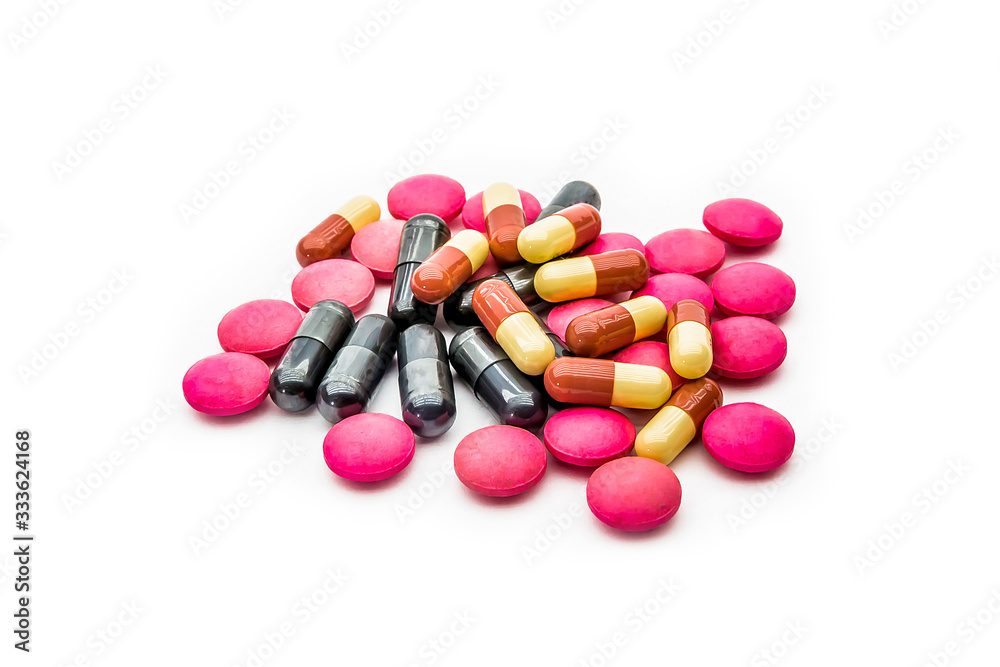 A pile of medicine pill and vitamin capsule. Concepts for medical and illness and Supplements for health and immune systems