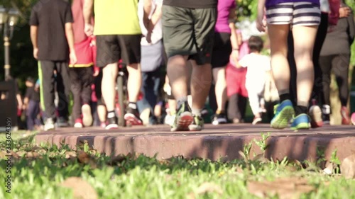 Runners in the Morning Summer Park. Slow Motion