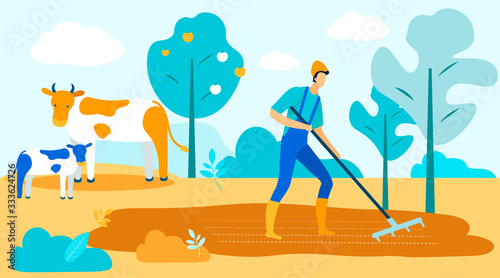 Man with Rake in Garden on Background Trees and Cattle. Vector Illustration. People on Farm. New Technologies. Farm Business. Working in Garden. Cow and Calf in Garden. Gardener Working in Garden.