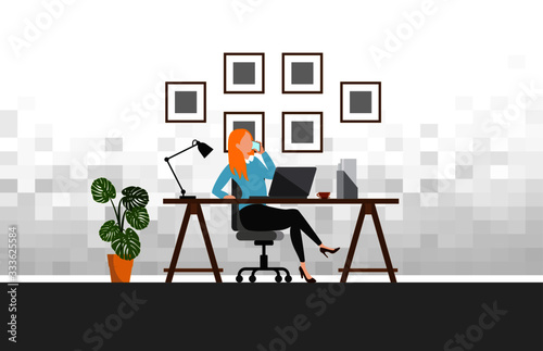 Woman working  with phone  workplace scene with laptop at her desk at home.