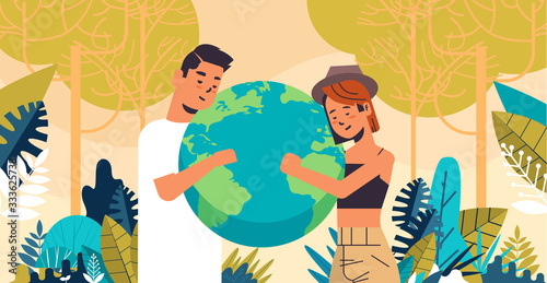 man woman couple holding earth globe go green save planet environment conservation energy saving concept landscape background horizontal portrait vector illustration