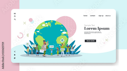 environmental activists holding posters go green save planet concept mix race protesters campaigning to protect earth demonstrating against global warming horizontal copy space full length vector