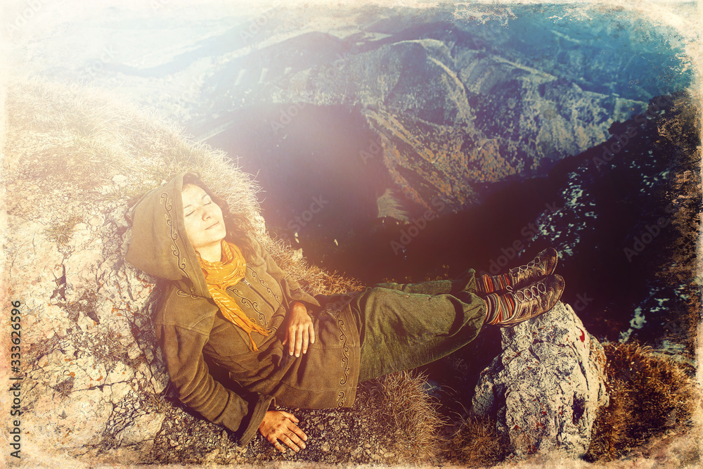 Beautiful mountain landscape and woman hiking shoes, old photo effect. - obrazy, fototapety, plakaty 