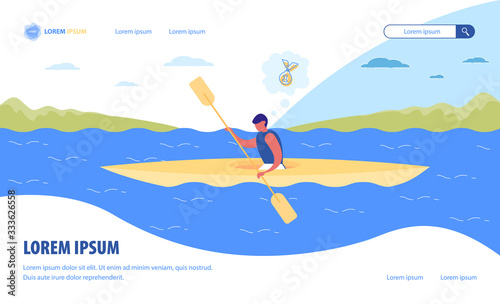 Canoe Water Sport Banner. Kayak Sprint Race Training. Cartoon Man Rowing Boat with Oar in River. Summer Activity, Healthy Hobby. Extreme Tourism, Recreation Travel, Active Vacation