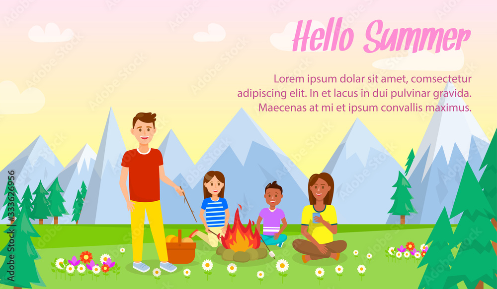 Fototapeta premium Camping with Family Vector Banner with Text Space. Hello Summer Lettering. Vacation, Holidays. Parents, Children Vector Characters. Picnic in Forest, Park Flat Drawing. Outdoor Activity in Mountains