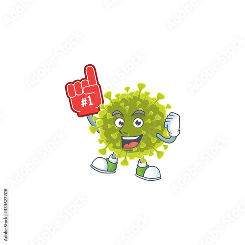 Global coronavirus outbreak presented in cartoon character design with Foam finger