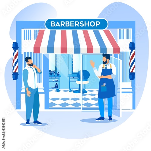 Hipster Barber Barker Stand in front of New Barbershop Window Inviting Man for Beauty Procedures and Hairstyle Services to Grooming Place, Gentleman Salon Men Fashion Cartoon Flat Vector Illustration