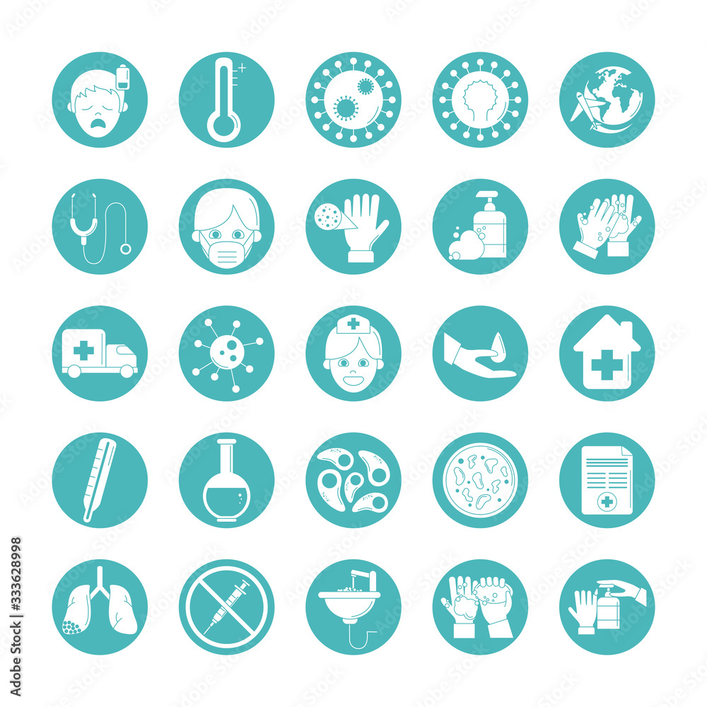 virus covid 19 pandemic respiratory illness icons set line style