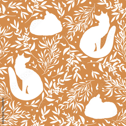 Seamless pattern with silhouette of sleep and dream fox, orange berries and leaves. Floral background with animals. Illustration for fabric, textile, packaging paper, wallpaper. Vector illustration.