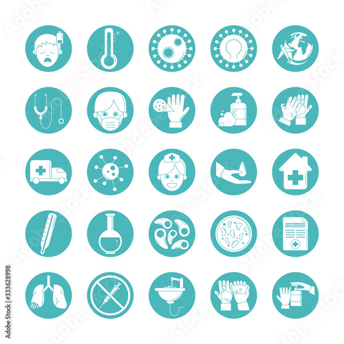 virus covid 19 pandemic respiratory illness icons set line style