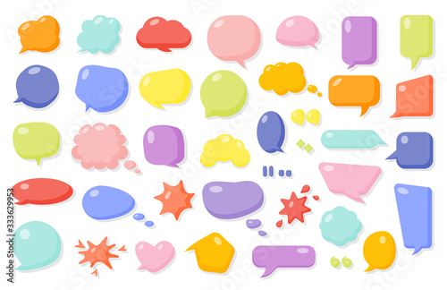 Colored comic speech soap bubble set. Cartoon empty text box clouds. Funny abstract different shapes of balloon. Glossy bubbles gum blank icon. Comics message template. Isolated vector illustration