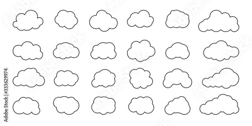 Clouds black line weather icon set. Empty frame web cloudy service symbol. Bubble template for text box. Design element of climate, atmosphere. Isolated on white background vector illustration
