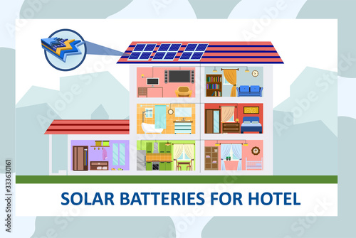 Photovoltaic Cell Panel Section Structure. Sectional View of Hotel Building with Solar Batteries on Roof Vector Illustration. Alternative Renewable Energy from Sun. Modern Ecological Green Technology