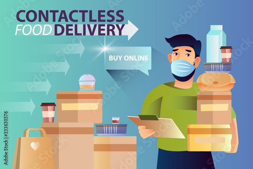 Contactless food delivery banner with bearded male character in mask, food containers, boxes, coffee cups and eco paper bags. Fast and safe online shopping concept for advertisements, web pages, apps