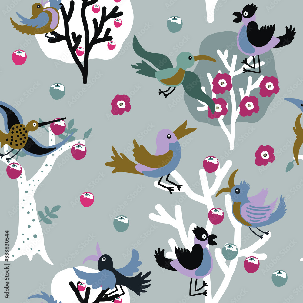 Hand drawn vector cute cartoon seamless pattern pastel color birds on the tree for baby textile, cloth, linen, wallpaper texture
