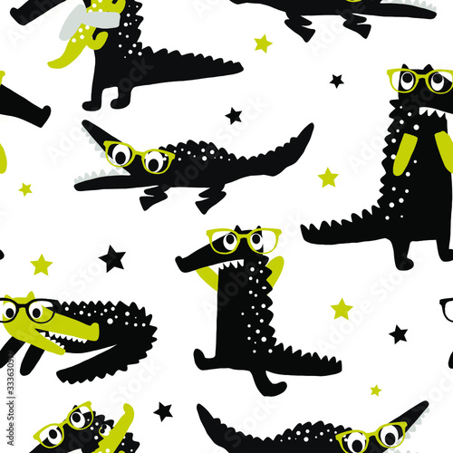 Hand drawn vector cute cartoon Scandinavian style seamless pattern illustration black crocodile with yellow sunglasses and stars on the white background for baby textile  cloth  linen texture