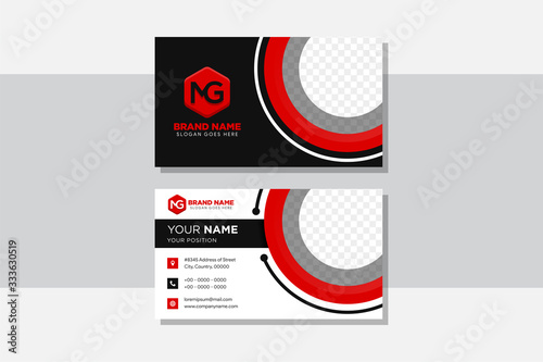 Business card Template, visiting card Design. Corporate Business card red & Black with logo element letter, multi color vector design. circle element for place of photo. horizontal layout. 