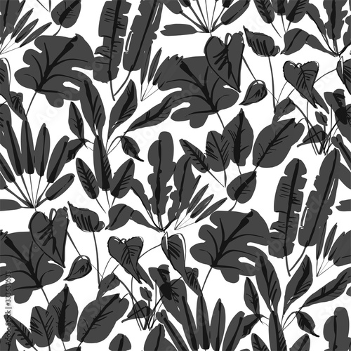 Shabby black and white tropical leaves pattern