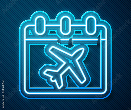 Glowing neon line Travel planning calendar and airplane icon isolated on blue background. A planned holiday trip. Vector Illustration