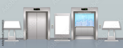 Entrance hall with open and closed bodice, advertising empty floor stand and touch screen terminals.