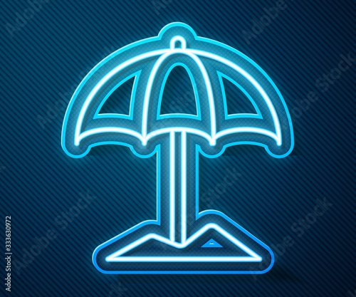 Glowing neon line Sun protective umbrella for beach icon isolated on blue background. Large parasol for outdoor space. Beach umbrella. Vector Illustration